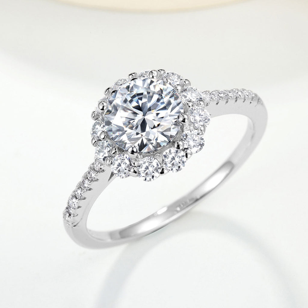 1 CT Round Moissanite Flower Halo Ring – Elegant Luxury Design