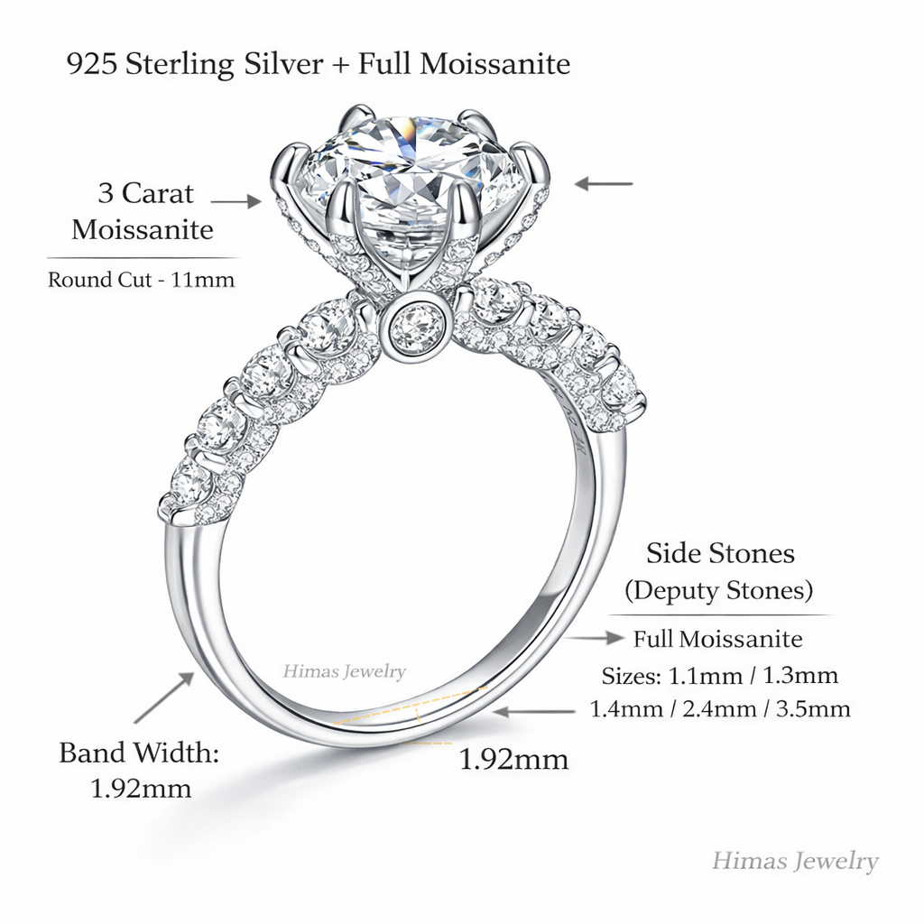 3 Carat Round Moissanite Engagement Ring – S925 Silver | Himas Jewelry